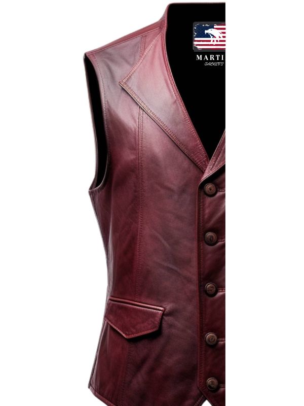 Men Burgundy Distressed Leather Vest