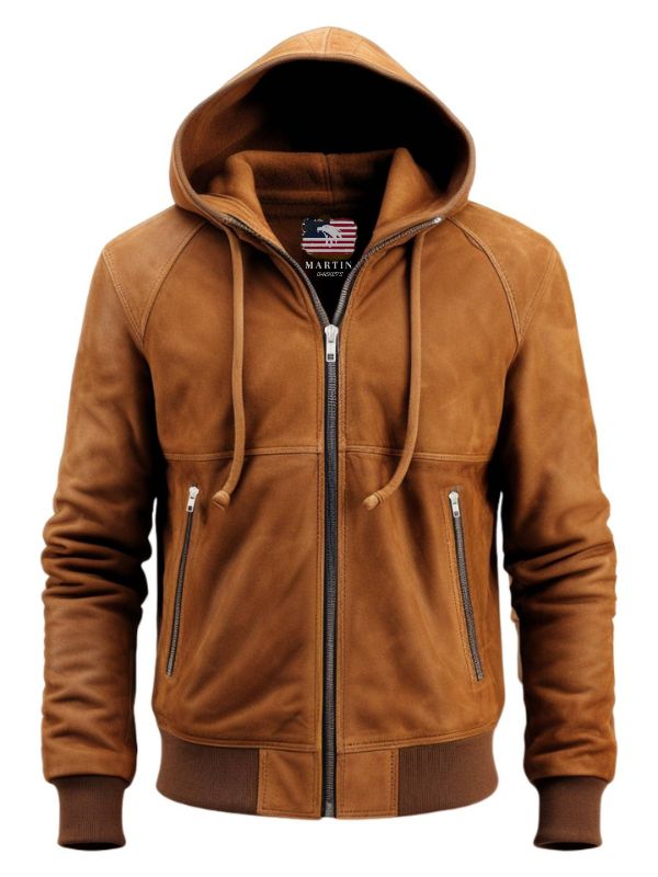 Men Camel Brown Stylish Suede Hooded Leather Jacket
