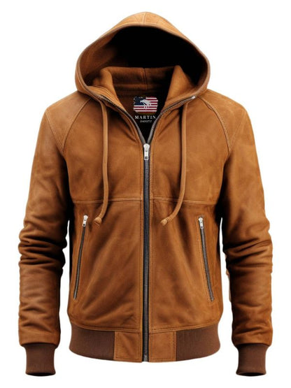 Men Camel Brown Stylish Suede Hooded Leather Jacket