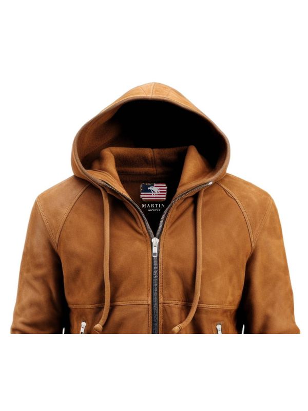 Men Camel Brown Stylish Suede Hooded Leather Jacket