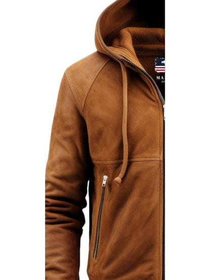 Men Camel Brown Stylish Suede Hooded Leather Jacket