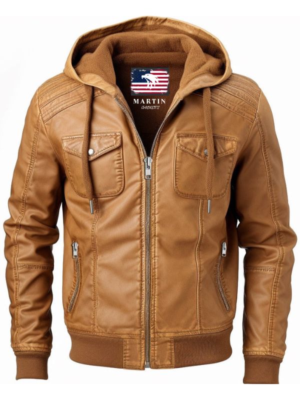 Men Classic Swiss Light Brown Hooded Leather Jacket