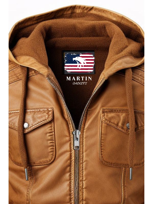 Men Classic Swiss Light Brown Hooded Leather Jacket