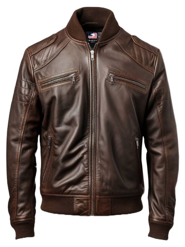 Men Dark Brown Leather Bomber Jacket - Brown Bomber Leather Jacket