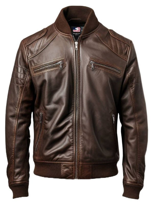 Men Dark Brown Leather Bomber Jacket - Brown Bomber Leather Jacket