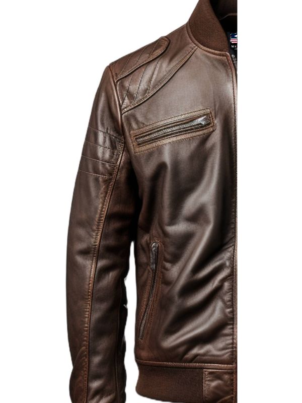 Men Dark Brown Leather Bomber Jacket - Brown Bomber Leather Jacket
