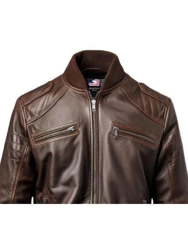 Men Dark Brown Leather Bomber Jacket - Brown Bomber Leather Jacket