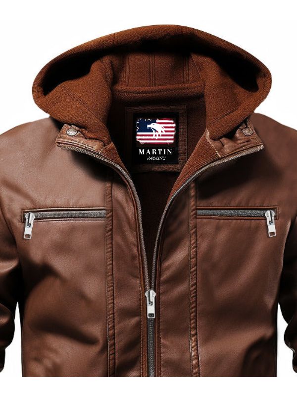 Men Ethan Brown Hooded Designer Leather Jacket