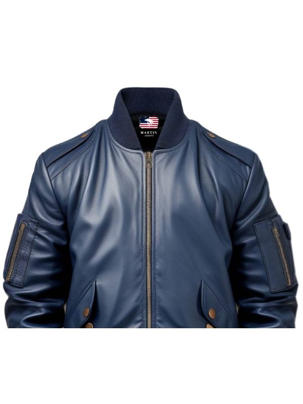 Men Flight Bomber Blue Leather Jacket - Bomber Leather Jacket
