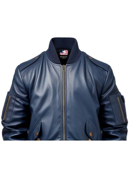 Men Flight Bomber Blue Leather Jacket - Bomber Leather Jacket
