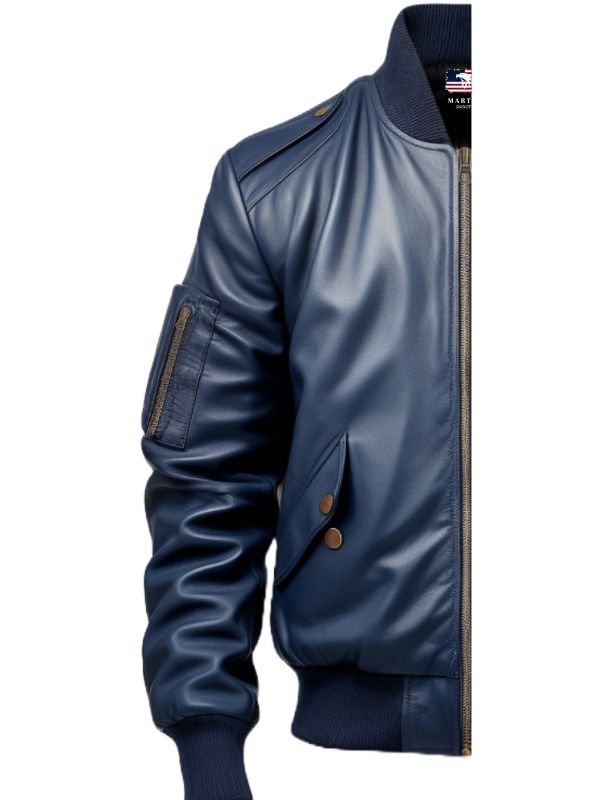 Men Flight Bomber Blue Leather Jacket - Bomber Leather Jacket