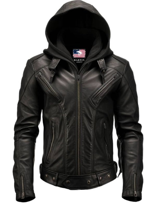 Men Hooded Leather Jacket - Hooded Black Leather Jacket
