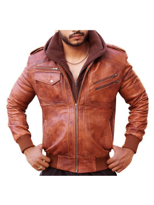 Men Leather Motorcycle Jacket with Removable Hood - Brown