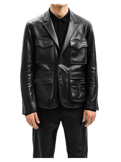 Men Premium Black Flap Pockets Leather Blazer