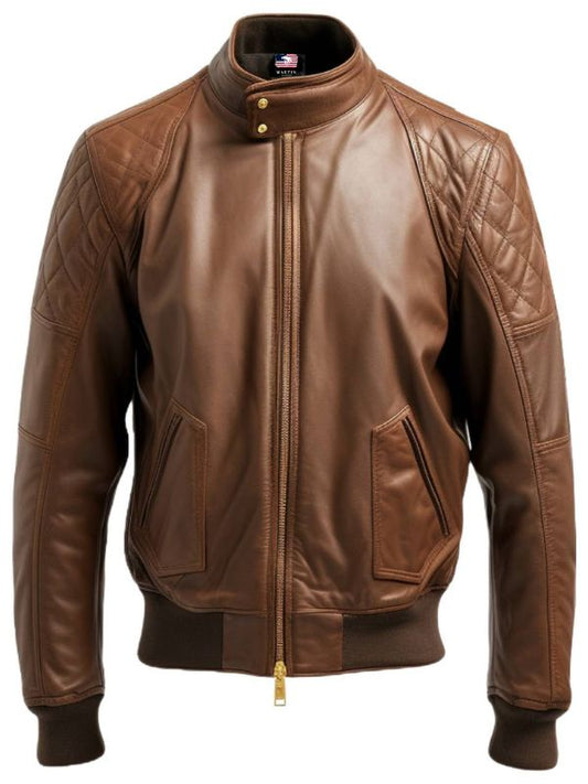 Men Quilted Bomber Leather Jacket with Golden Zipper