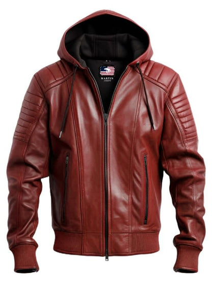 Men Red hooded Leather Biker Jacket