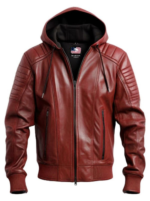 Men Red hooded Leather Biker Jacket