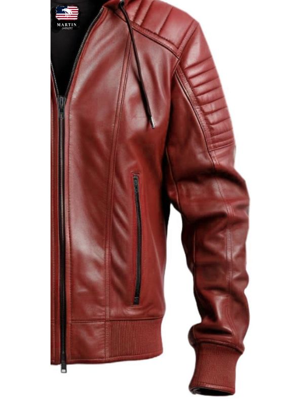 Men Red hooded Leather Biker Jacket