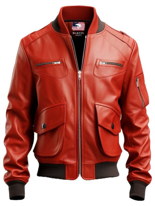 Men Red Leather Bomber Jacket