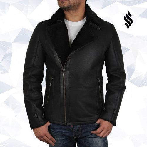 Mens Luxury Aviator Black Leather Shearling Sheepskin Flying Coat
