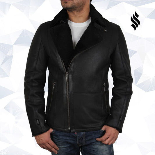 Mens Luxury Aviator Black Leather Shearling Sheepskin Flying Coat