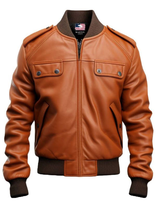 Men Strap Pocket Bomber Leather Jacket