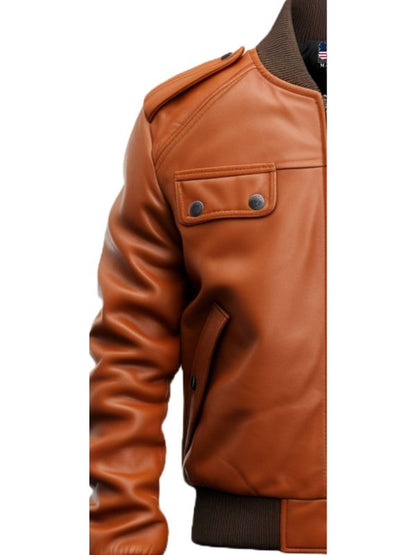 Men Strap Pocket Bomber Leather Jacket