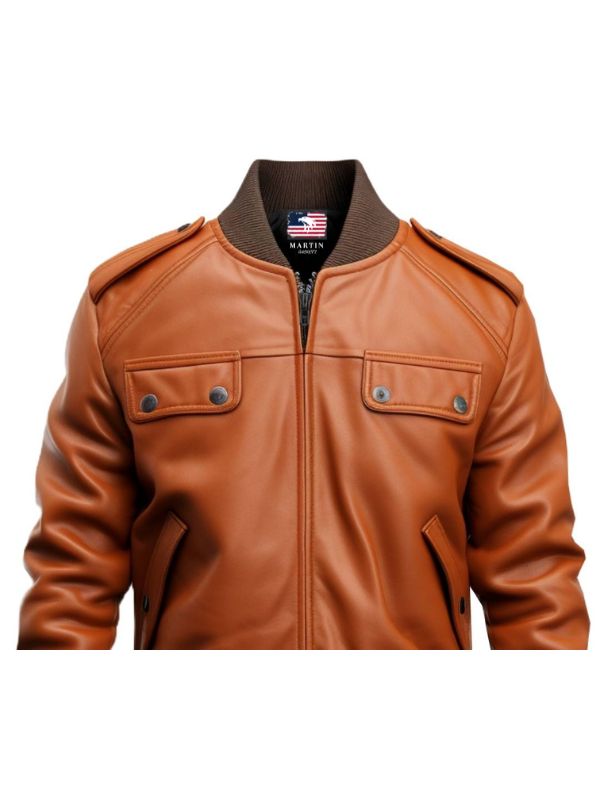 Men Strap Pocket Bomber Leather Jacket