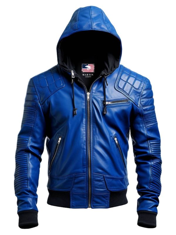 Men Stylish Blue Hooded Leather Jacket