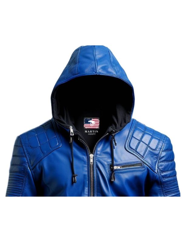 Men Stylish Blue Hooded Leather Jacket