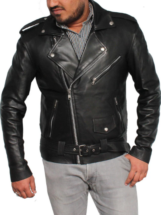 Men Stylish Real Vintage Biker Leather Jacket - Black