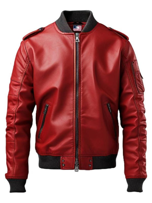 Men Stylish Red Bomber Leather Jacket