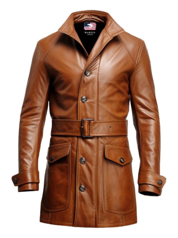 Men Vintage Big Pockets Tan Brown Leather Coat - Leather Long Coat