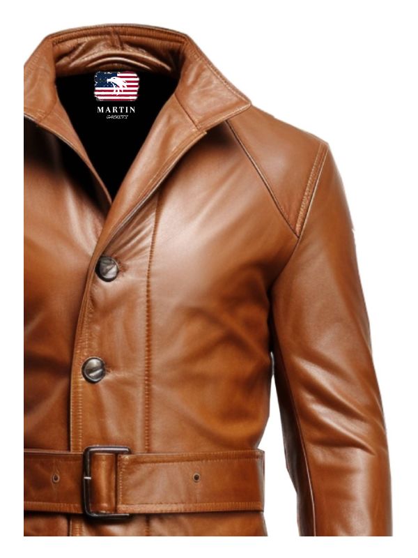 Men Vintage Big Pockets Tan Brown Leather Coat - Leather Long Coat