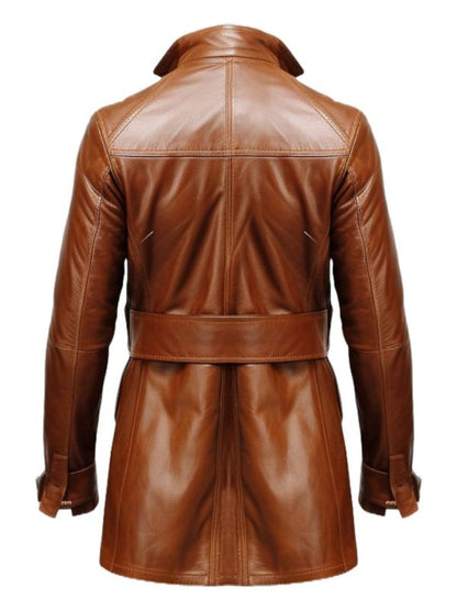 Men Vintage Big Pockets Tan Brown Leather Coat - Leather Long Coat
