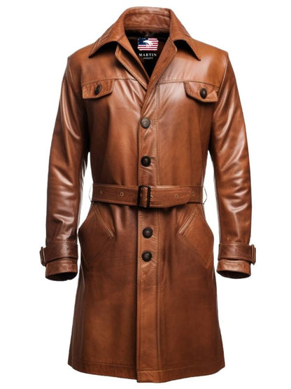 Men Vintage Brown Leather Coat- Long Leather Coat