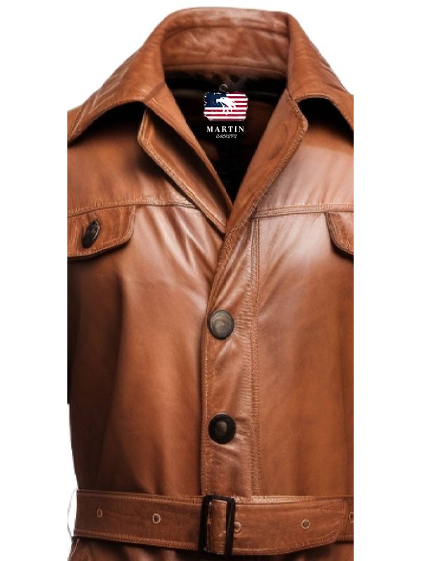 Men Vintage Brown Leather Coat- Long Leather Coat