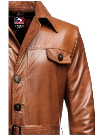 Men Vintage Brown Leather Coat- Long Leather Coat