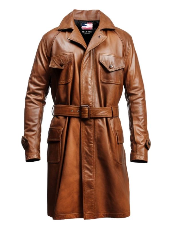 Men Vintage Brown Long Coat - Distressed Leather Brown Coat
