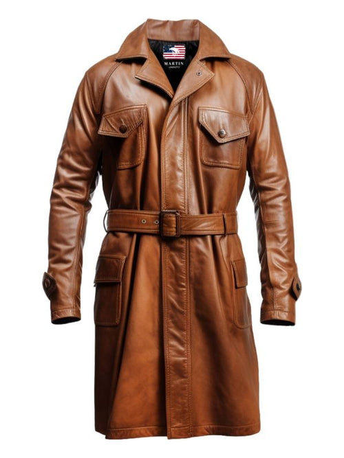 Men Vintage Brown Long Coat - Distressed Leather Brown Coat
