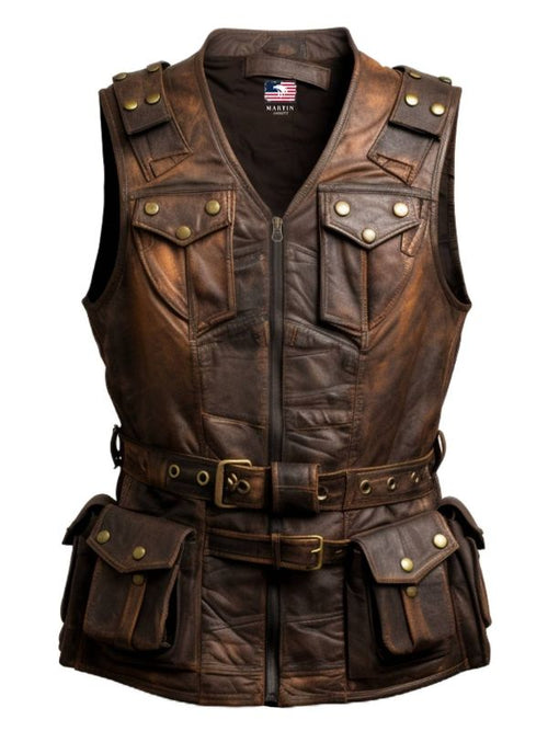Men Vintage Brown Military Vest - Men Leather Vest