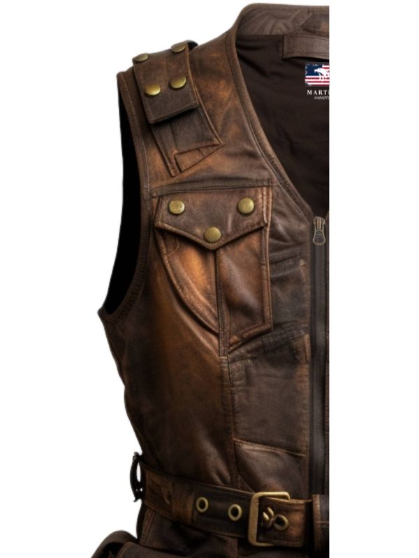 Men Vintage Brown Military Vest - Men Leather Vest