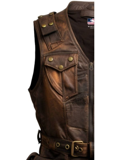 Men Vintage Brown Military Vest - Men Leather Vest