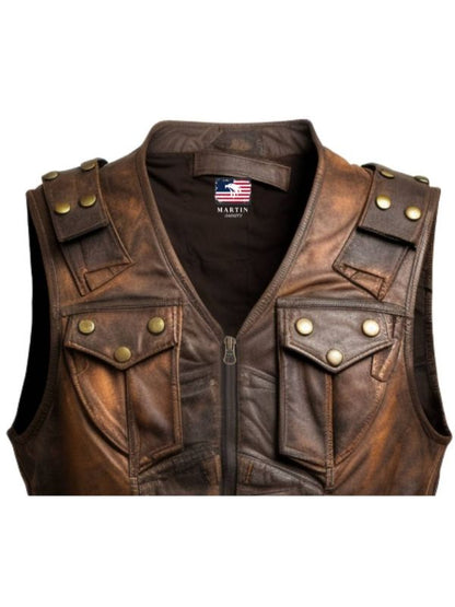 Men Vintage Brown Military Vest - Men Leather Vest
