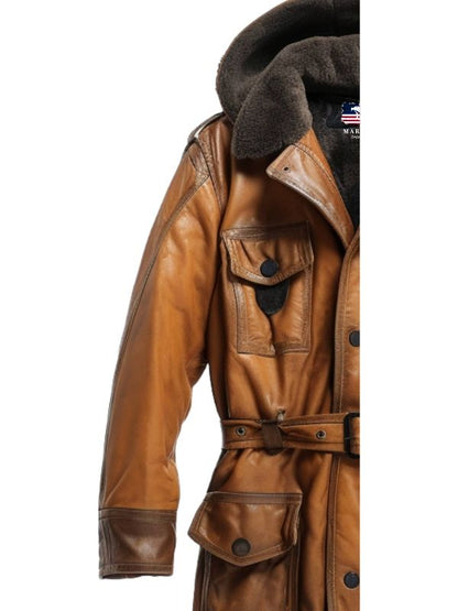 Men Vintage Hooded Fur Leather Hooded Coat - Faux Fur