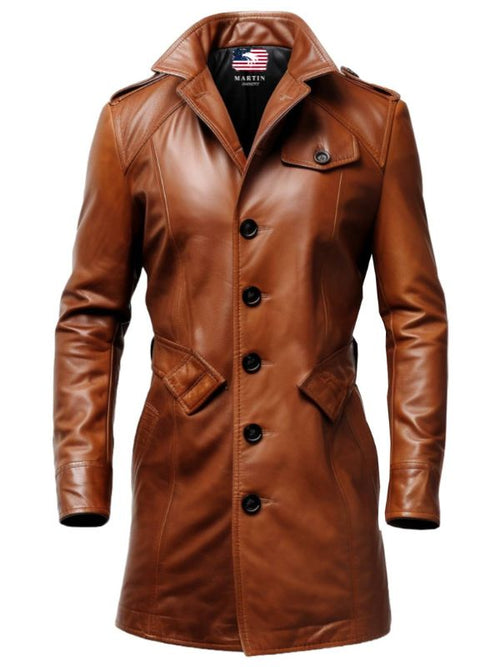 Men Vintage Tan Brown Leather Coat - Leather Long Coat