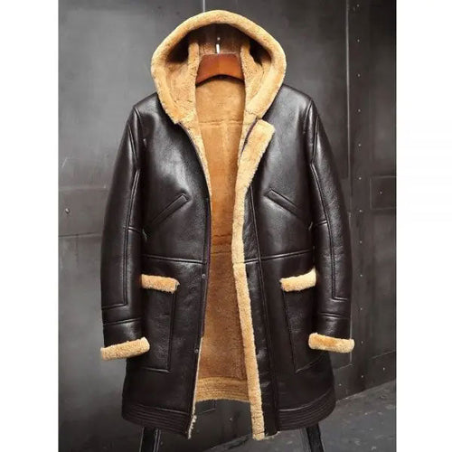 Men's RAF Hooded Shearling Fur Sheepskin Leather Long Jacket Winter Coats