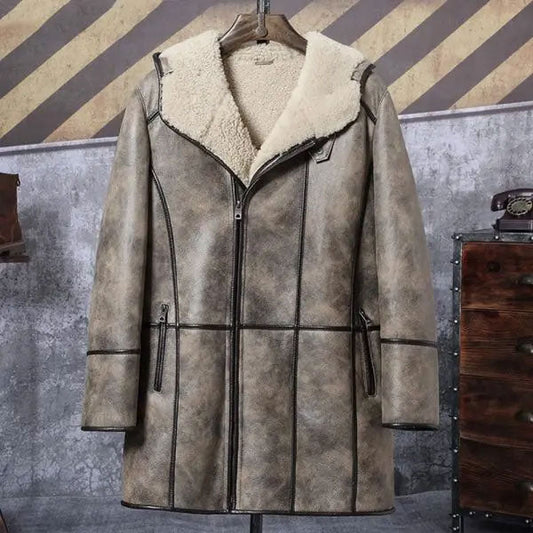 Men’s Bomber Shearling Fur Hooded Winter Long Leather Jacket Trench Coat