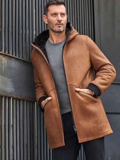 Brown Sheepskin Shearling Fur Hooded Winter Overcoat Leather Jacket