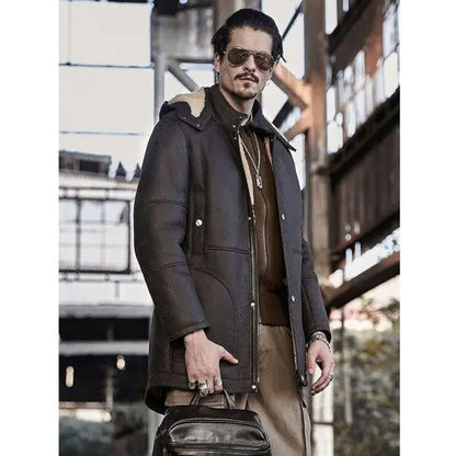 Men’s Hooded Shearling Leather Long Trench Coat
